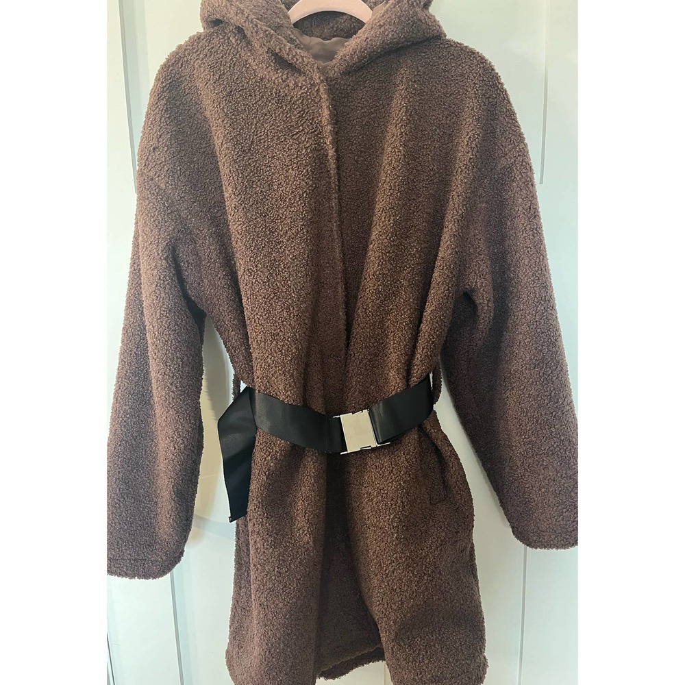 Fabletics Teddy Bear Brown Hooded‎ Belted Cozy Warm Winter Coat Jacket